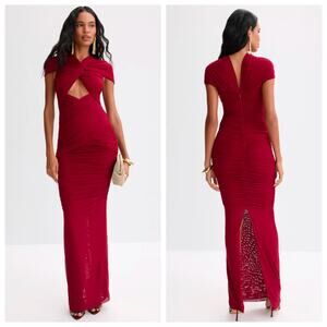 Ronny Kobo Nasha Burgundy Ruched Cutout Gown XS Red Maxi Dress Sculpted Mesh